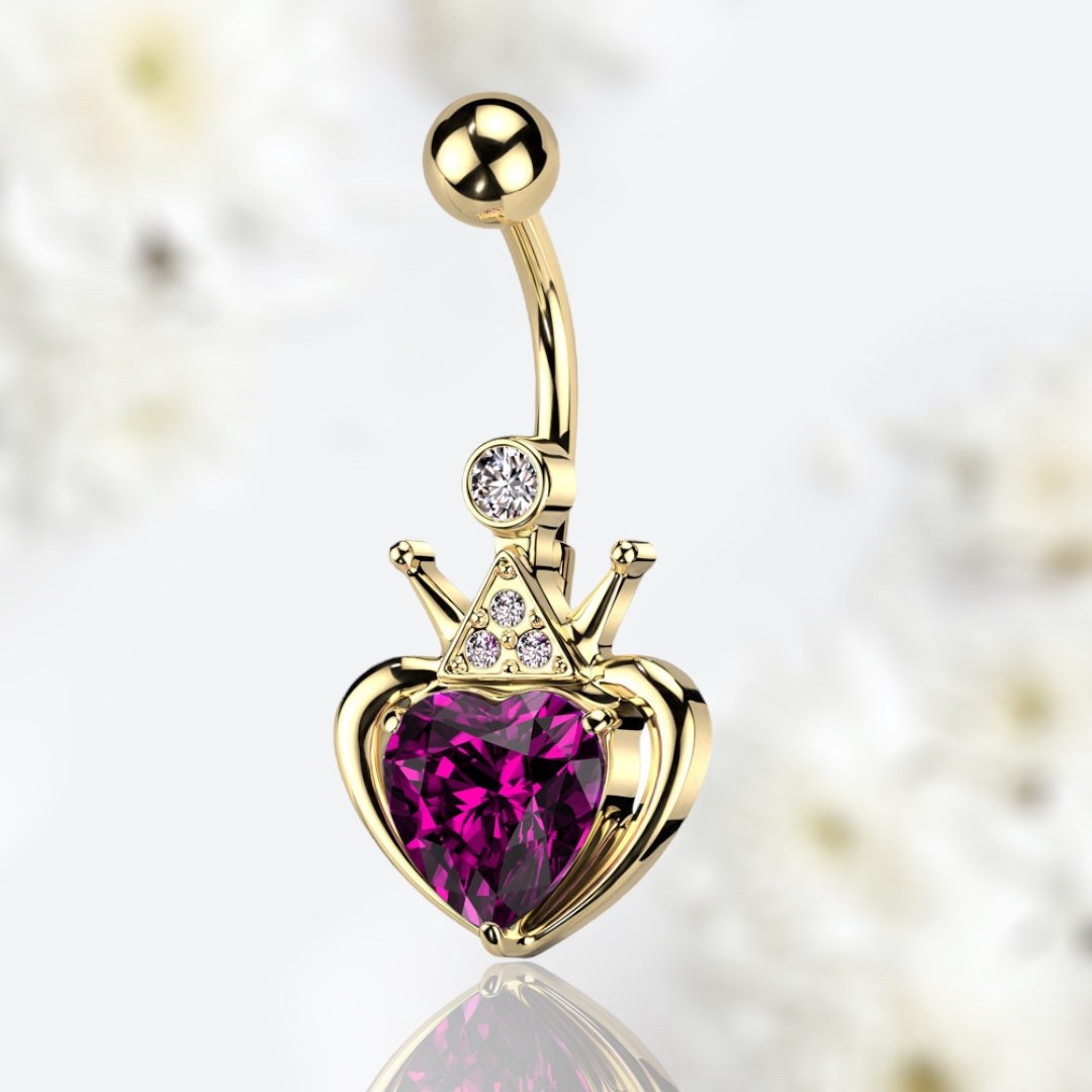 14G Crown and Hot Pink Gem Heart Belly  Button Ring