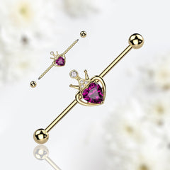 14G Gold Crown with Hot Pink Stone Heart Industrial Barbell. Industrial Piercing. Industrial Barbell