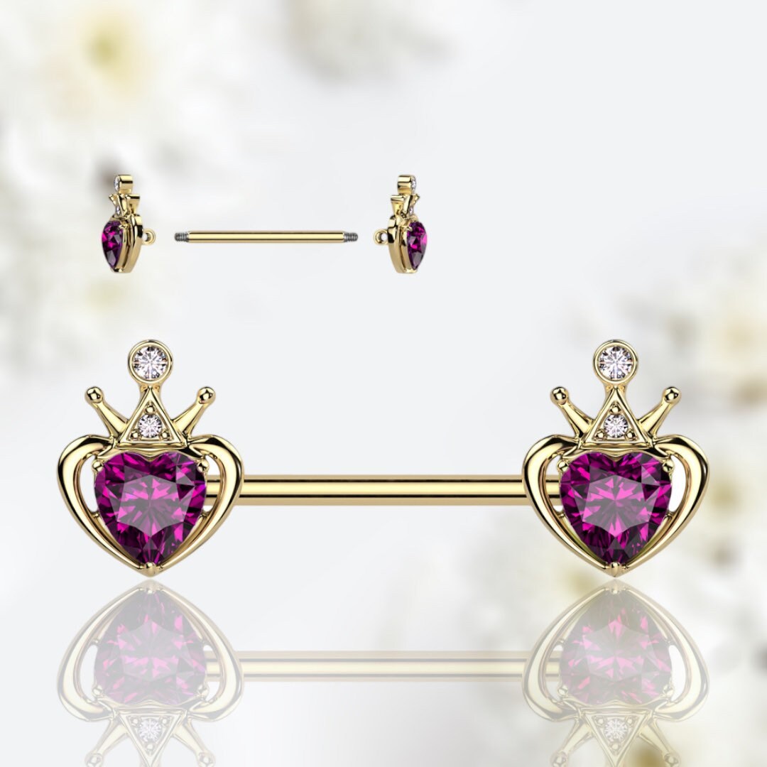 Pair of 14G Gold Crown and Pink Heart Gem Nipple Barbell