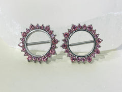 Pair of 14G Silver & Pink Stones Sunburst Nipple Clicker. Nipple Rings. Nipple Clicker. Nipple Piercing. Nipple Jewelry