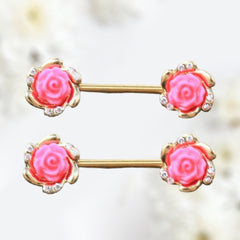 Pair of 14G Rose Ends with Pink Enamel Nipple Barbells. Nipple Piercing. Nipple Jewelry