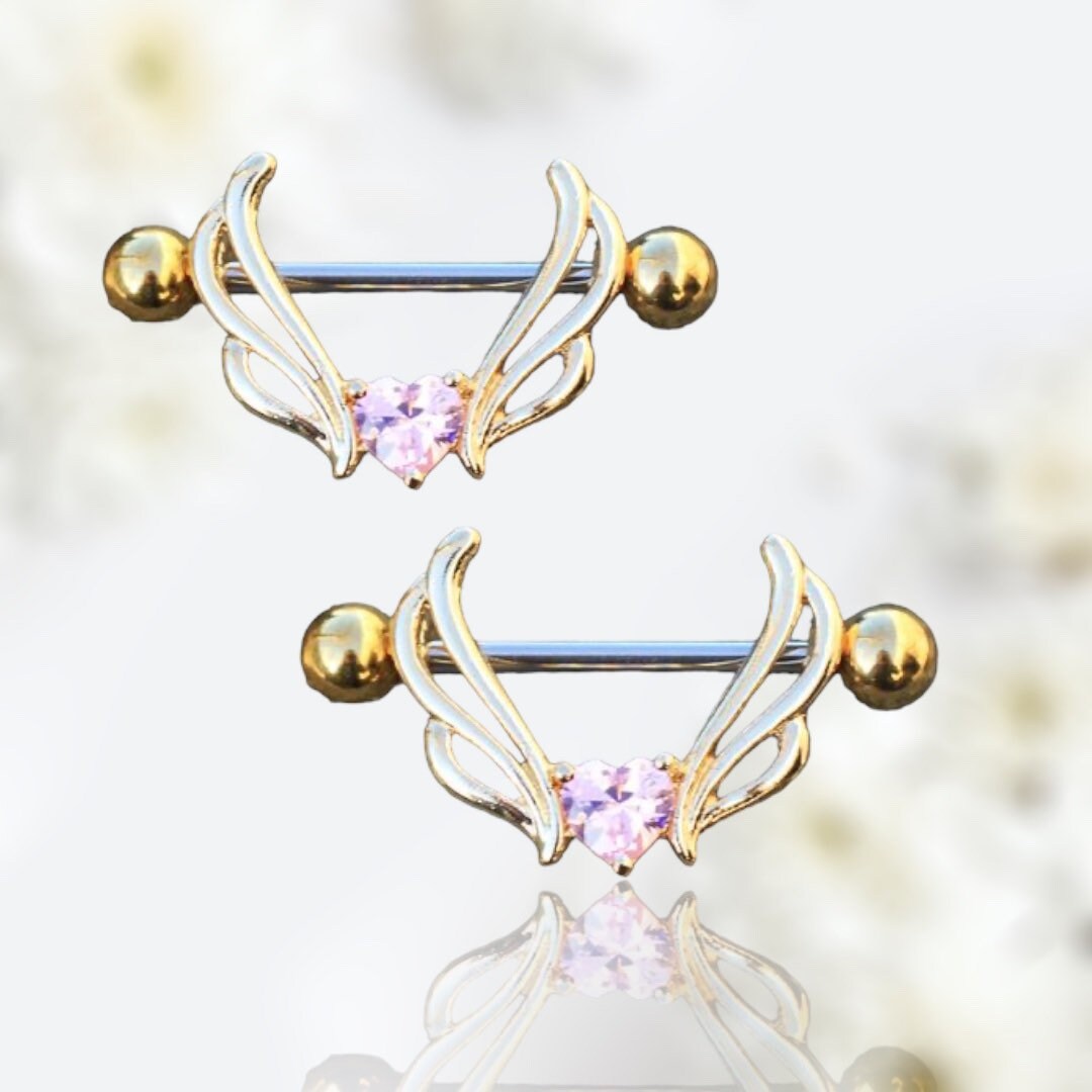 Pair of 14G Gold Flying Heart Pink Gem Dangling Nipple Barbell