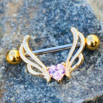 Pair of 14G Gold Flying Heart Pink Gem Dangling Nipple Barbell