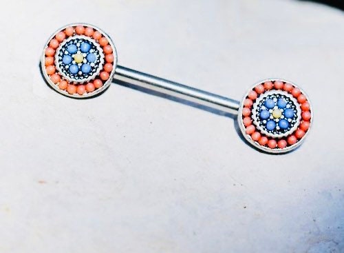 Pair of 14G Silver Antique Multicolor Beads Nipple Barbell