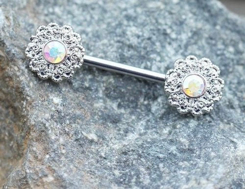 Pair of 14G Silver Multicolor Gem Flower Cluster Nipple Barbell. Nipple Piercing. Nipple Jewelry