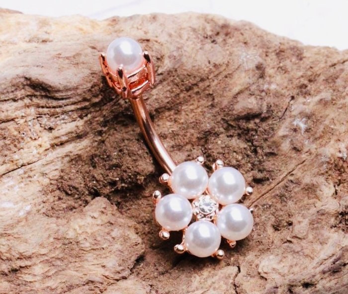 14G Rose Gold White Pearl Belly Button Ring