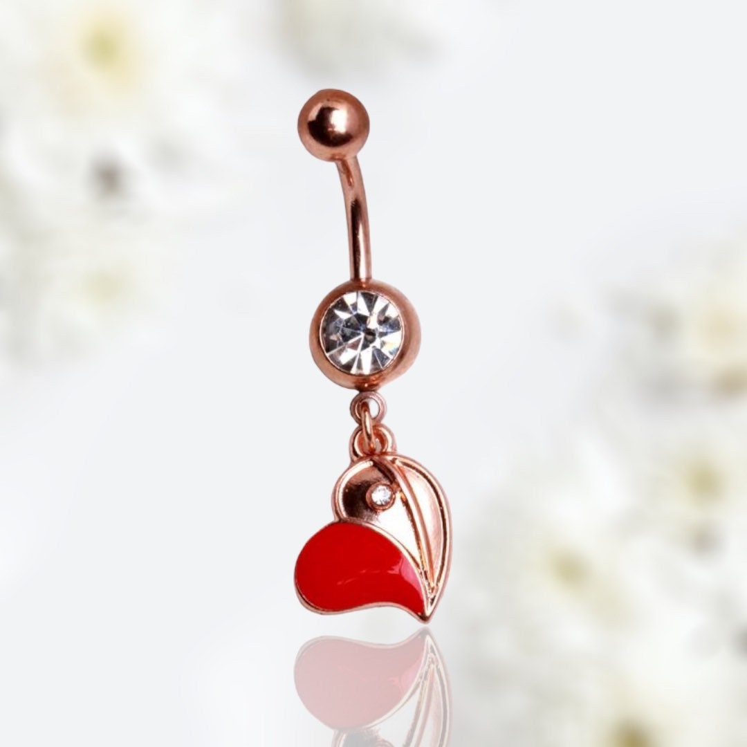 14G Rose Gold Red Floating Heart Dangling Belly Button Ring