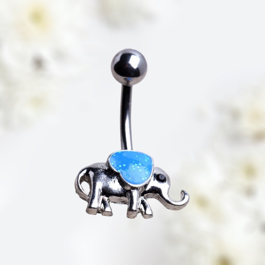 14G Silver Blue Opal Elephant Belly Button Ring