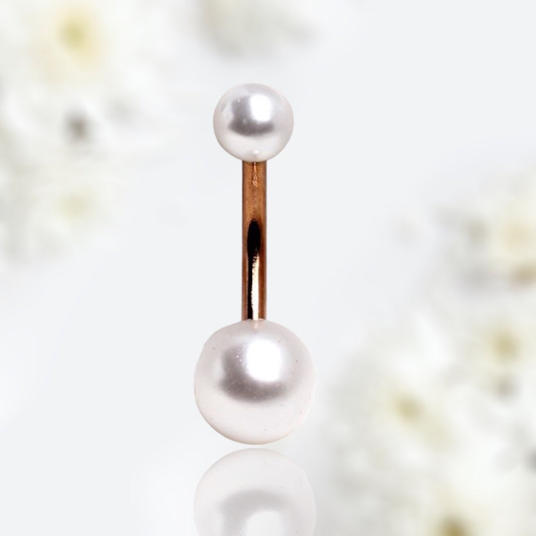 14G Rose Gold White Pearl Dainty Minimalist Belly Button Ring