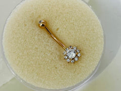 14K Solid Rose Gold Sparkling Clear Gem Flower Belly Button Ring