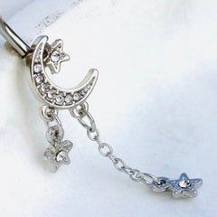 Silver Moon Stars Dangling Belly Button Ring