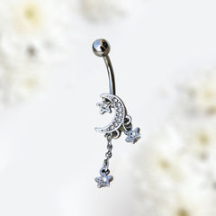 Silver Moon Stars Dangling Belly Button Ring