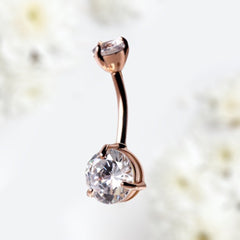 14K Real Solid Rose Gold Clear Gem Belly Button Ring