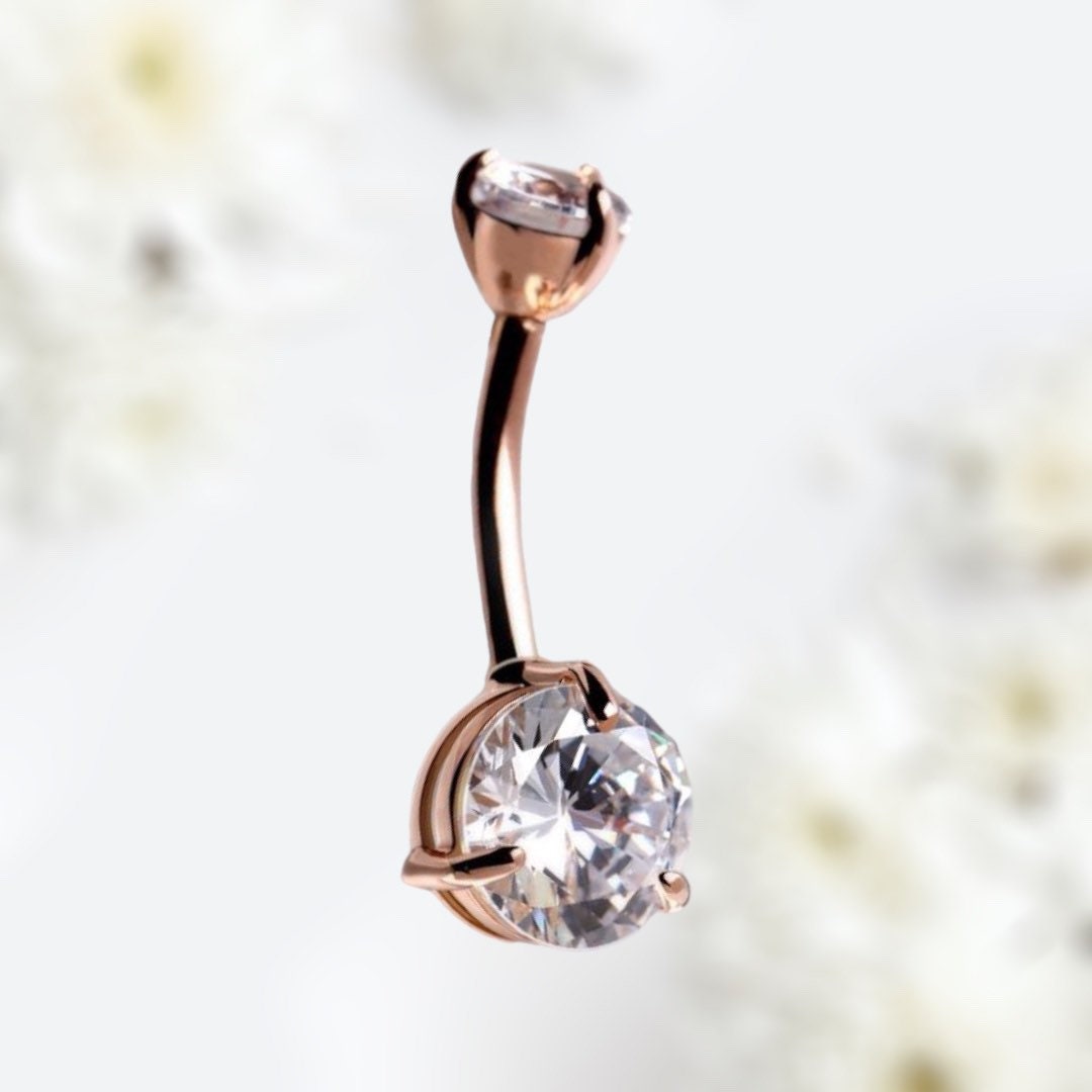 14K Real Solid Rose Gold Clear Gem Belly Button Ring