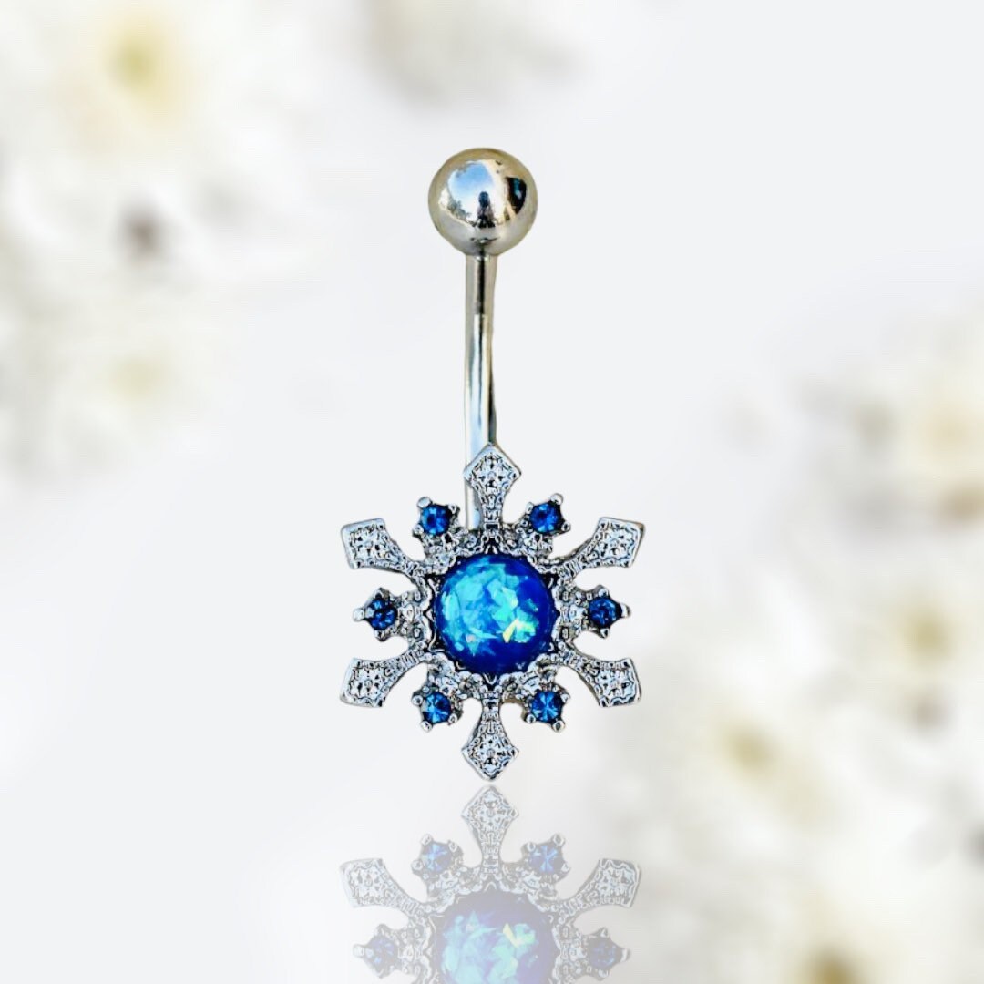 Silver Blue Opal Snowflake Belly Button Ring