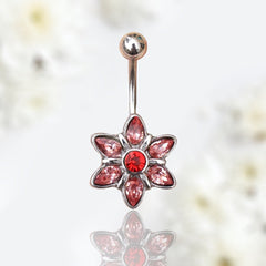 14G Silver Dainty Pink Gem Flower Belly Button Ring