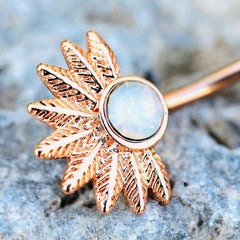 14G Rose Gold White Opal Gem Leaves Belly Button Ring