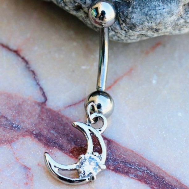 Silver Moon Dangling Belly Button Ring