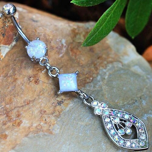 14G Silver White Opal Teardrop Dangling Belly Button Ring