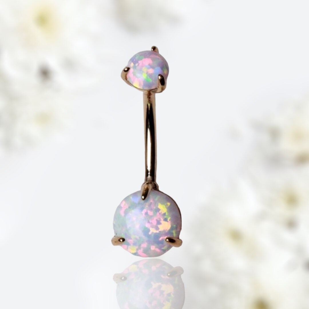 14K Real Solid Gold Dainty White Opal Gem Belly Button Ring