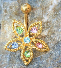 14G Gold Dainty Multicolor Flower Belly Button Ring