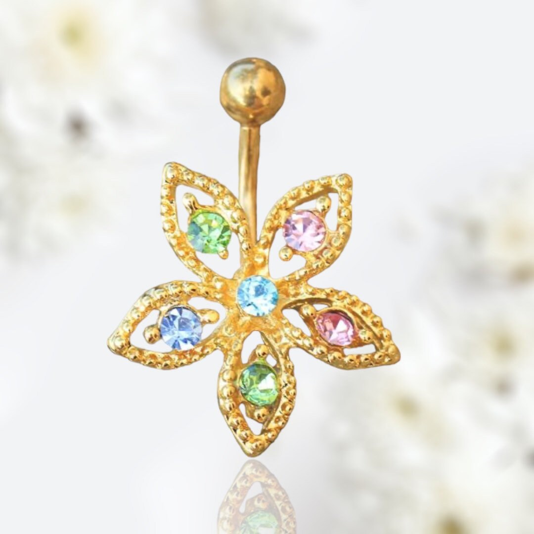 14G Gold Dainty Multicolor Flower Belly Button Ring