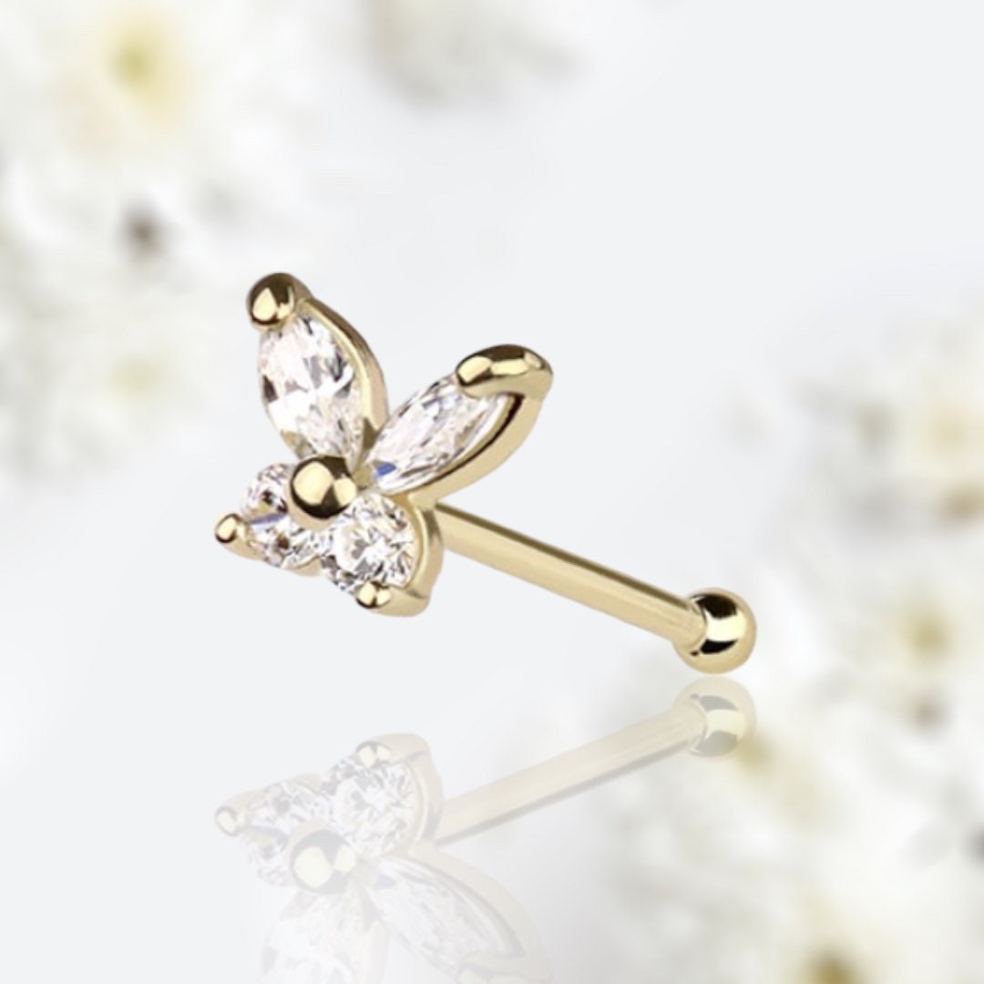 14Karat Yellow Gold Clear Gem Butterfly Nose Stud. Nose Piercing. Nose Ring.