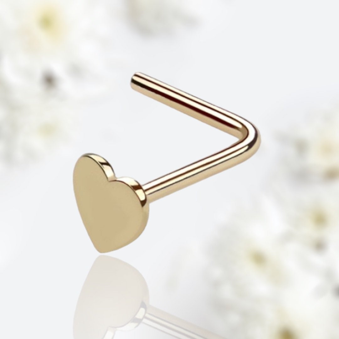 14Karat Yellow Gold Heart L Shape Nose Stud. Nose Piercing. Nose Ring.