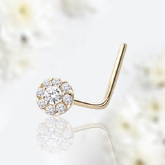 14Karat Yellow Gold Clear Gem Flower L Shape Nose Stud. Nose Piercing. Nose Ring.