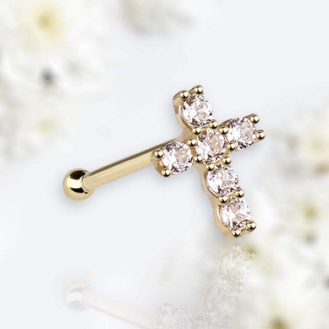 14Karat Yellow Gold Clear Gem Cross Nose Stud. Nose Piercing. Nose Ring.