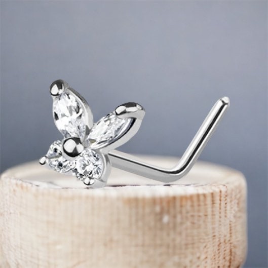 14Karat White Gold Clear Gem Butterfly L Shape Nose Stud. Nose Piercing. Nose Ring.