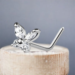 14Karat White Gold Clear Gem Butterfly L Shape Nose Stud. Nose Piercing. Nose Ring.