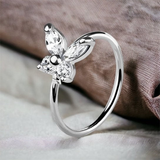 14Karat White Gold Clear Gem Butterfly Nose Hoop Ring. Nose Piercing. Nose Ring.