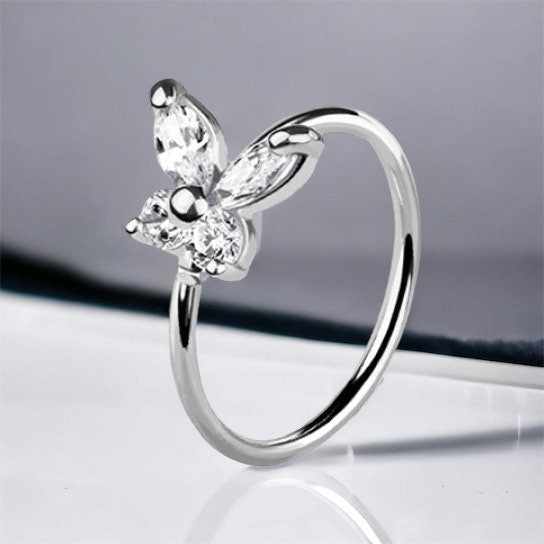 14Karat White Gold Clear Gem Butterfly Nose Hoop Ring. Nose Piercing. Nose Ring.