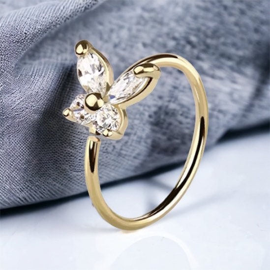 14Karat Yellow Gold Clear Gem Butterfly Nose Hoop Ring. Nose Piercing. Nose Ring.