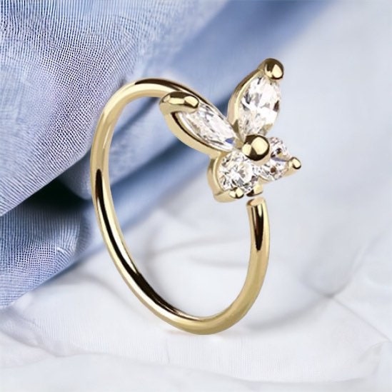 14Karat Yellow Gold Clear Gem Butterfly Nose Hoop Ring. Nose Piercing. Nose Ring.