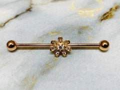 14G Rose Gold Clear Crystals Paved Flower 38MM Industrial Barbell. Industrial Piercing. Ear Barbells