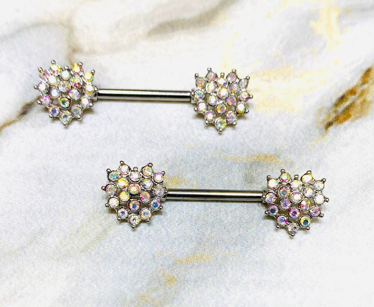 14G Crystals Paved Hearts Nipple Barbells. Nipple Piercing. Nipple Jewelry. Nipple Rings