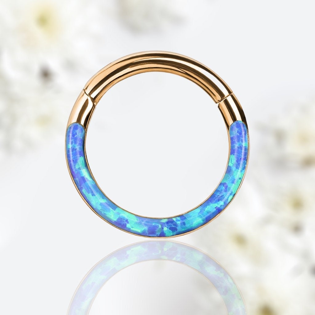 16G Surgical Steel Rose Gold Blue Opal Inlay Front Facing Septum Clicker Ring.