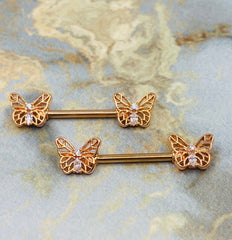 Pair of 14G Rose Gold Butterly Ends with Clear Sparkling Stones Nipple Barbell. Nipple Rings. Nipple Piercing. Nipple Jewelry. Body Jewelry.