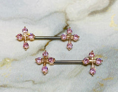 14G Rose Gold & Pink Sparkling Stones Cross Ends Nipple Barbells. Nipple Piercings. Nipple Rings. Nipple Jewelry