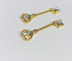 14G Classic Gold Heart & Key Nipple Barbells. Nipple Piercings. Nipple Jewelry. Nipple Rings.