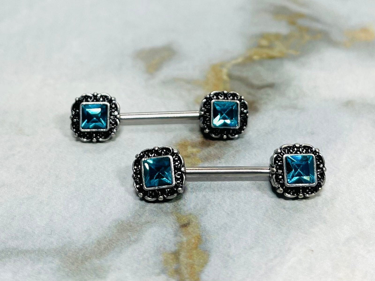 Pair of 14G Antique Silver with Aqua Square Stone Nipple Barbells. Nipple Piercing. Nipple Rings. Nipple Jewelry