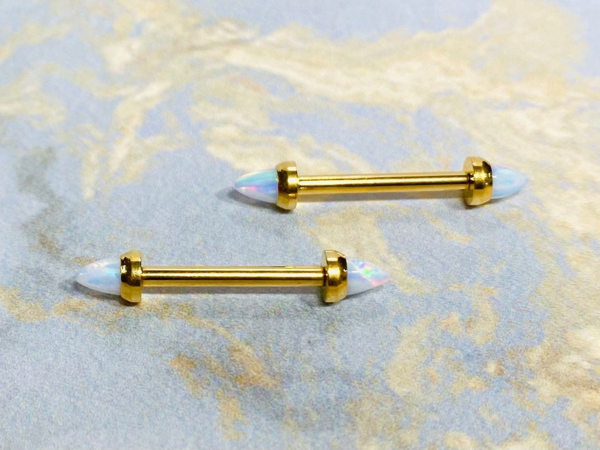 14G Surgical Steel Internally Threaded Gold White Opal Ends Nipple Barbell. Nipple Piercings. Nipple Rings. Nipple Jewelry.