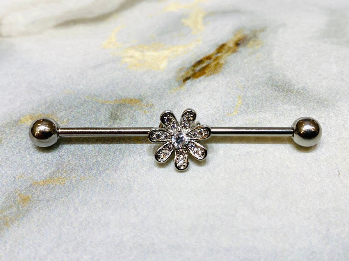 14G Silver Clear Crystals Paved Flower 38MM Industrial Barbell. Industrial Piercing. Ear Barbells