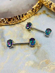 Pair of 14G Rainbow Stone Oval Prong Nipple Barbell Set. Nipple Piercing. Nipple Barbells. Surgical Steel.