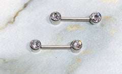 Pair of 14G Silver Push-In Threadless Bezel Set Flat Back Clear Stone Nipple Barbells. Nipple Rings. Nipple Piercing. Nipple Jewelry