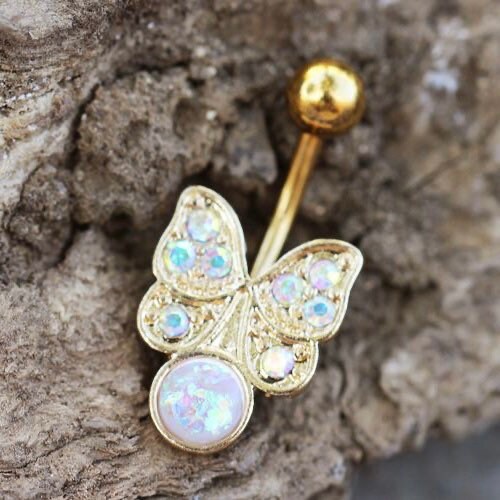 14G Gold Butterfly White Opal Belly Button Ring