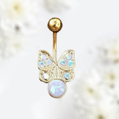 14G Gold Butterfly White Opal Belly Button Ring