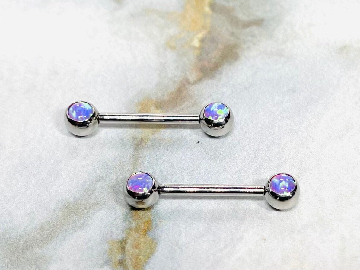 Pair of 14G Internally Threaded Bezel Setting Pink Opal Stone Nipple Barbells. Nipple Rings. Nipple Piercing. Nipple Jewelry